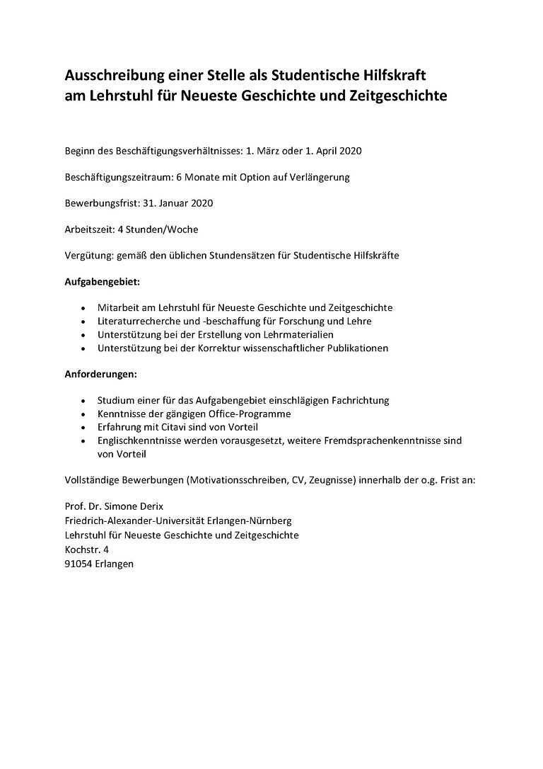 Ausschreibung einer Stelle als Studentische Hilfskraft