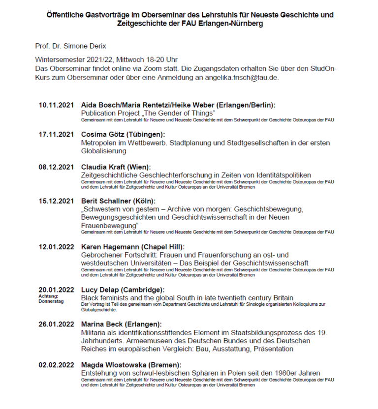 Öffentliche Gastvorträge im Oberseminar des Lehrstuhls für Neueste Geschichte und Zeitgeschichte